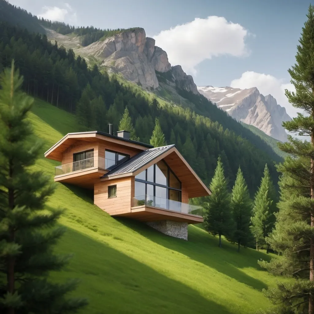 Prompt: Create a house between Mountains along side with green medows beside levish pine trees
