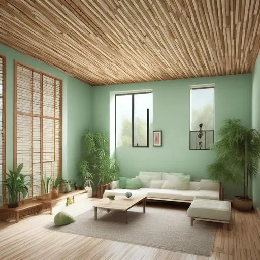 Prompt: living room, mosaic bamboo sticks ceiling, light green walls, and wood flooring. minimalist, clean, modern, rustic looking.
