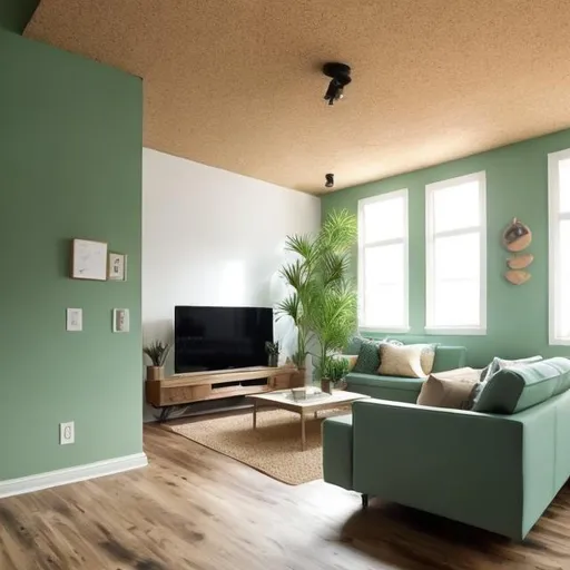 Prompt: living room, cork board ceiling, light green walls, and wood flooring. minimalist, clean, modern, rustic looking.