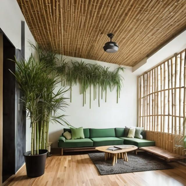 Prompt: living room, bamboo sticks ceiling, green walls, and wood flooring. minimalist, clean, modern, rustic looking.
