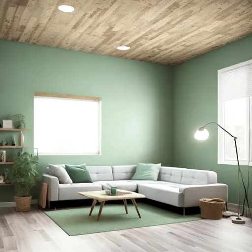 Prompt: living room, cork board ceiling, light green walls, and wood flooring. minimalist, clean, modern, rustic looking.