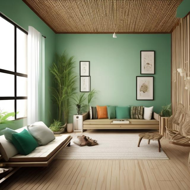 Prompt: living room, mosaic bamboo sticks ceiling, light green walls, and wood flooring. minimalist, clean, modern, rustic looking.
