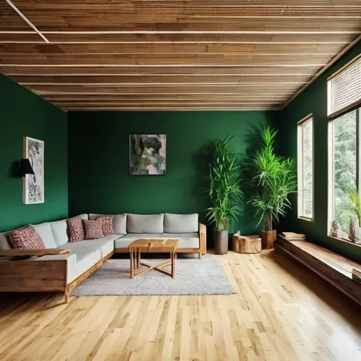 Prompt: living room, bamboo sticks ceiling, green walls, and wood flooring. minimalist, clean, modern, rustic looking.
