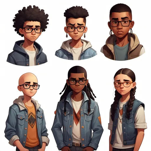 Prompt: Character design sheet, 4 teenagers, one is a muscular baldheaded black kid wearing a jean jacket, another is a Native American kid with long black hair and a goatee, the 3rd is a skinny German kid with nerdy glasses, the last one is a gorgeous  hero type kid.