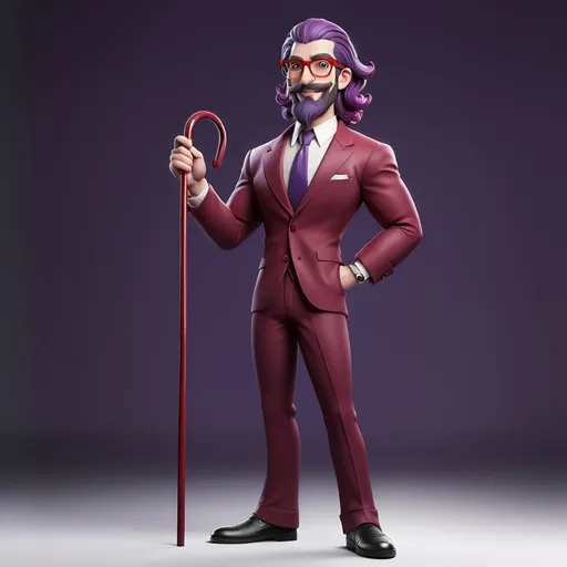 Prompt: Character design sheet, cartoon character with a purple curly beard, purple hair, facial hair,  glasses, long hair, male focus, mustache, mid 30s man, cartoon, red-framed eyewear, nice maroon suit, simple background, smile, solo, teeth, full body, with cane, black-white-framed eyewear, two-tone tinted eyewear, two-tone hair, wavy hair, yellow gradient background
