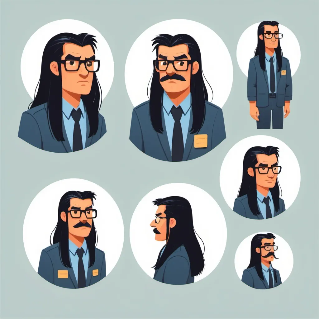 Prompt: Character design sheet Flat vector, city bus driver, with long black hair, and a goatie,