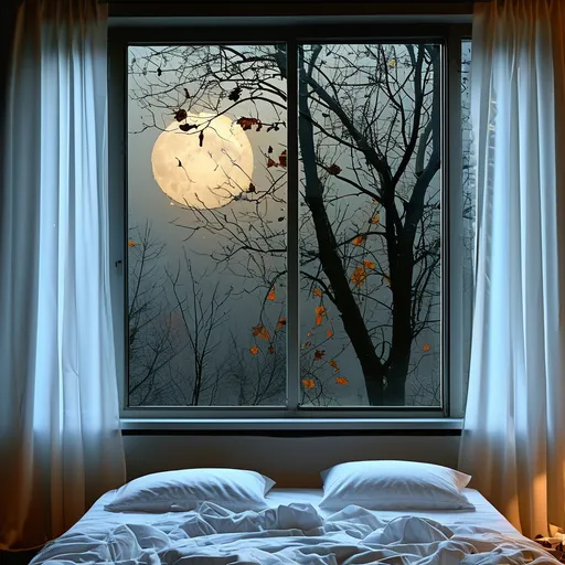 Prompt: I would like an image of a dark bedroom with a wide-open window in the center through which a little moon and leafless tree branches can be seen. The window has two white curtains. The bed is unmade with silky white sheets. The bed is on the letto side.