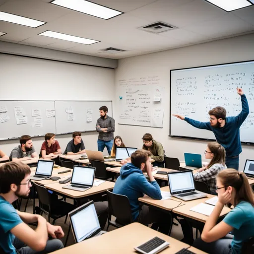 Prompt: A disorganized programming class with a confused instructor trying to explain code on a messy whiteboard filled with errors. Students look lost, some with laptops showing error screens, and others with outdated books. The room feels chaotic and unprofessional.