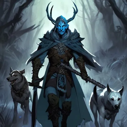 Prompt: eladrin hunter man with blue skin wearing long cloak and carrying longsword, leading a pack of dogs
