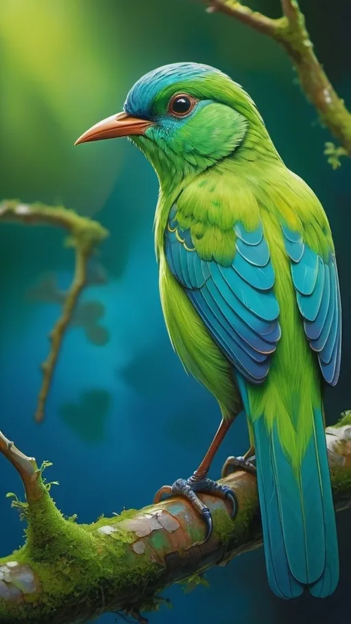 Prompt: (realism style), (green bird), perched on a branch, moss growing, vibrant blue background, (upper body view), detailed realism, (Abidin Dino), cloisonnism inspired, intricate patterns, dynamic composition, beautifully intellectual feel, high depth imagery, (jigsaw puzzle elements) blending into scene, ultra-detailed, emotive atmosphere reminiscent of life’s complexities.