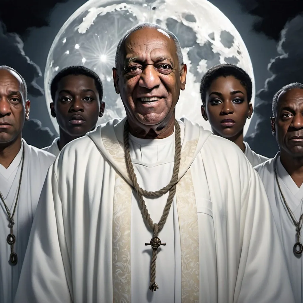 Prompt: Bill cosby standing with clan members wearing white robes with a noose in the foreground. closeup, symmetrical beautiful face, evil grin, full moon, nightmare, horror, gloom, gothic, 8k, artwork by Daniel Merriam