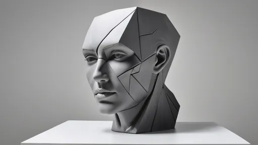 Prompt: A sculpture with a futuristic and philosophical twist. A realistic human head and neck are partially obscured by a large, angular cube that seamlessly integrates into the upper part of the face. The cube’s sharp geometry contrasts with the soft, lifelike features of the lower face, creating a compelling interplay between abstraction and realism. The monochromatic gray tones give the sculpture a sleek, minimalist aesthetic. It feels like a meditation on perception, identity, or even digital obscuration—where the essence of the individual is partially veiled by a constructed form.