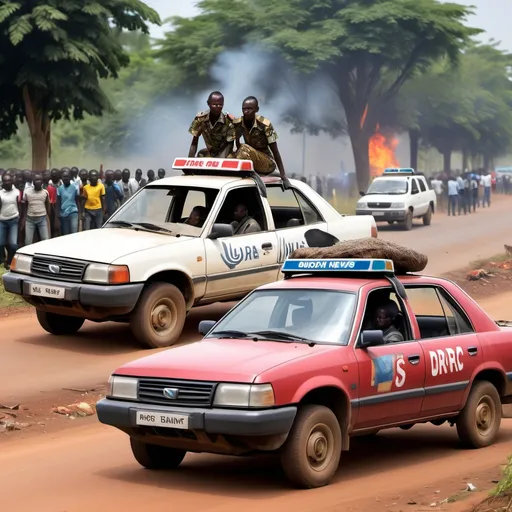 Prompt: create an image  titled clearly that it is breaking news from Radio Okapi News platform ,  suggesting this: THE NEWS SHOULD WRITE AND SUGGEST THE FOLLOWING : A DRC National Society Car with two Swedish Nationals has been caught in a crossfire and there is unclear status on the occupants.   make it look like its in a situation of war and cross fire , make it fake not with real people and title it breaking news 