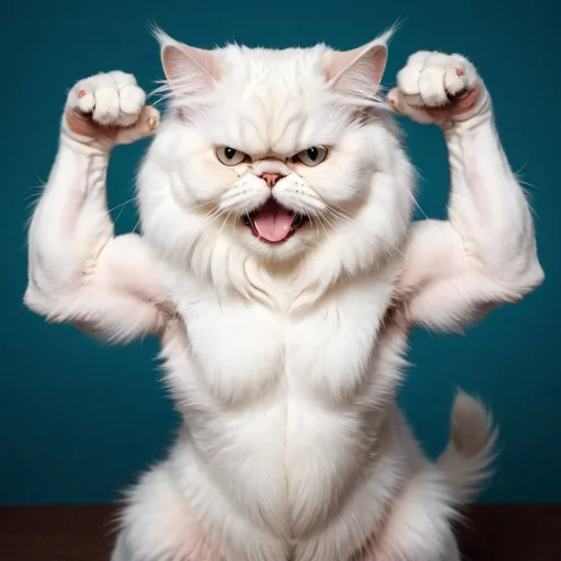 Prompt: White persian cat flexing his biceps
