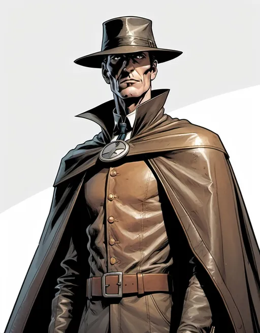 Prompt: Zé Catraia, a tall, thin man with a worn leather hat and a patched cape. He looks at the horizon. White Background. His face is serious, but his eyes shine with hope. DC Comics Syle