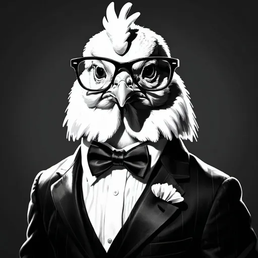 Prompt: 2D, clipart, black and white, chicken wearing dark sunglasses, drawing, with a bow tie