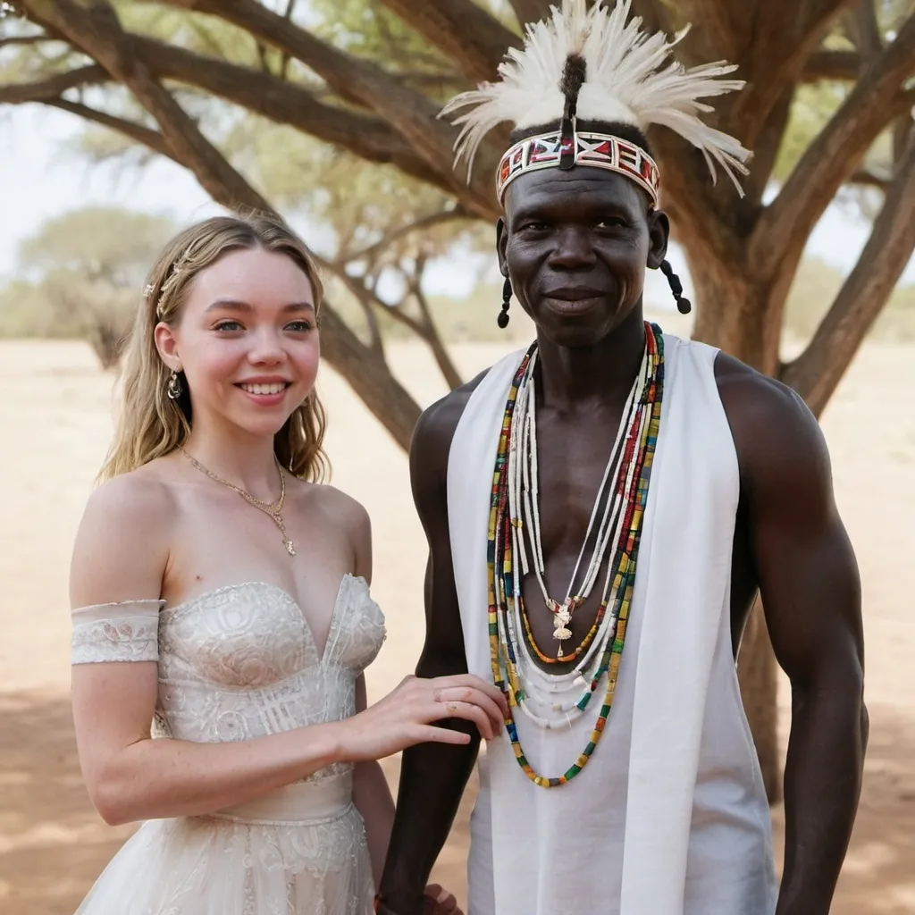 Prompt: Dinka tribal Lord and  Sydney Sweeney getting married 