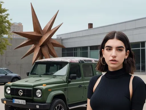 Prompt: Dua lipa standing in front of a building with a sculpture on top of it's roof and a car parked in front of it, Ben Zoeller, ecological art, hi - fructose, an abstract sculpture