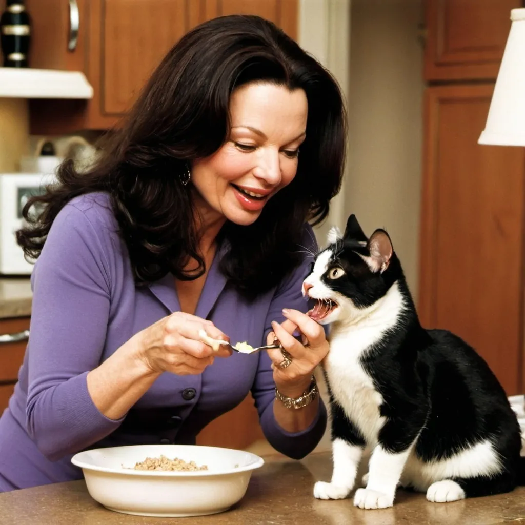 Prompt: Fran drescher feeding a cat