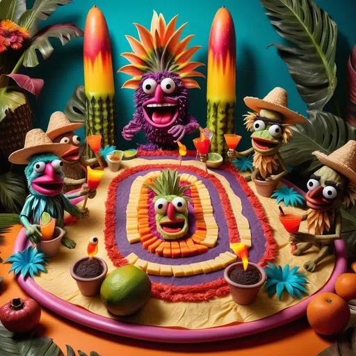 Prompt: Fruit stripe gum decorated race track with burning tiki torches in the middle surrounded by exotic corpse flower  tortillas and 70s  Muppet dolls  With a realistic hand hovering over, holding a lit cigar