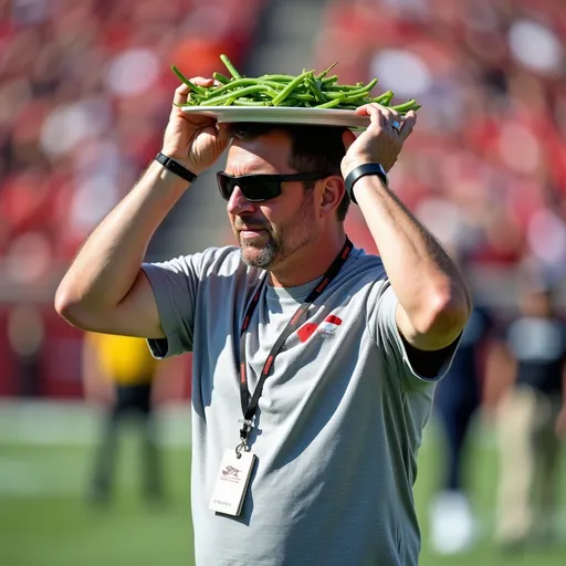 Prompt: Coach Mike gundy holding a plate of green beans over his head at the 50-yard line