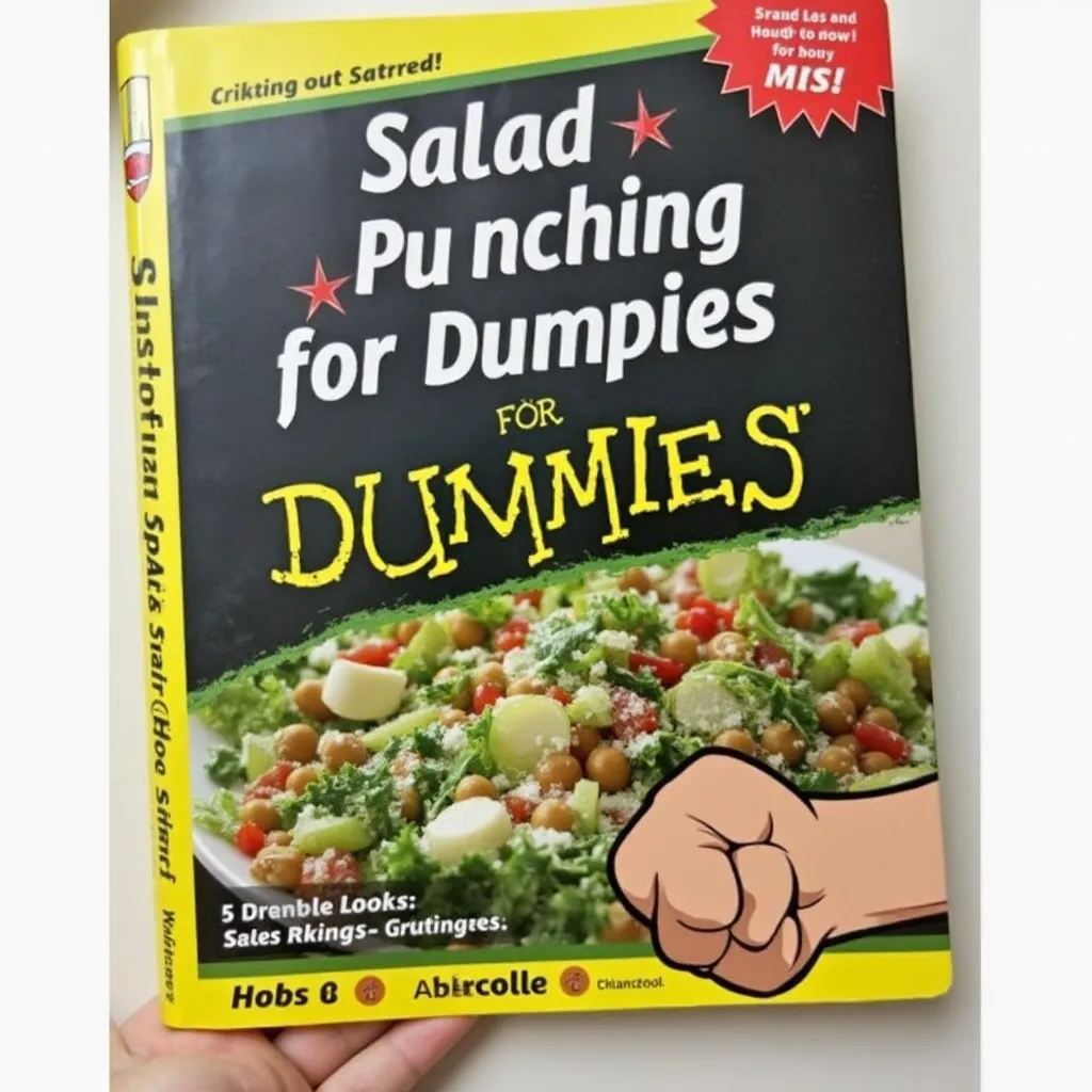 Prompt: Book called "salad punching for dummies" fist hitting salad on cover of book.