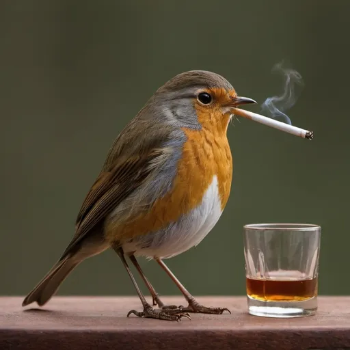 Prompt: A Robin with a cigarette and a glass of whiskey


