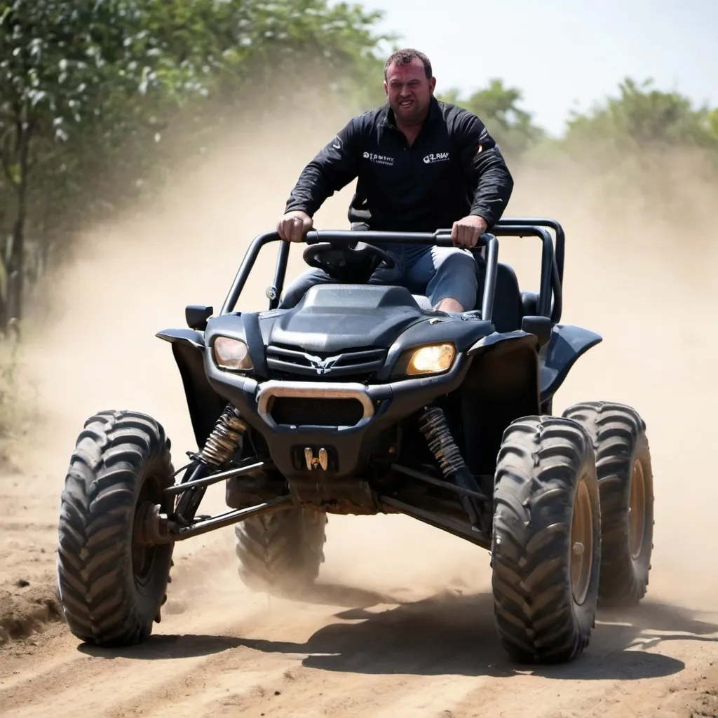 Prompt: Man drive buggy black bull on the man