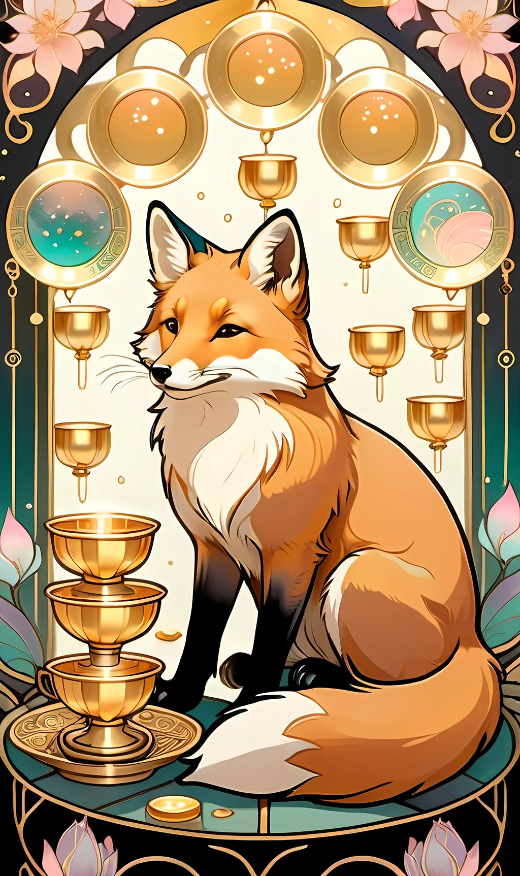 Prompt: chinese fox surrounded by floating gold cups, dreamy, Studio Ghibli style, dreaming cat tarot, pastel colors, 8k, ultra-detailed, dreamy, Studio Ghibli, fox, gold cups, pastel colors, ethereal lighting, magical atmosphere, hd, traditional ink masterpiece