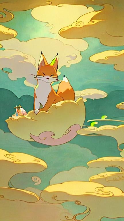 Prompt: Super cute fox surrounded by floating gold cups, dreamy Japanese oniric landscape, Studio Ghibli style, dreaming cat tarot, pastel colors, 4k, ultra-detailed, dreamy, Studio Ghibli, fox, Japanese landscape, gold cups, pastel colors, dreamy cat tarot, ethereal lighting, magical atmosphere