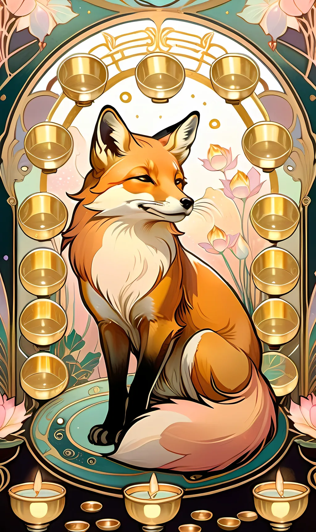 Prompt: chinese fox surrounded by floating gold cups, dreamy, Studio Ghibli style, dreaming cat tarot, pastel colors, 8k, ultra-detailed, dreamy, Studio Ghibli, fox, gold cups, pastel colors, ethereal lighting, magical atmosphere, hd, traditional ink masterpiece