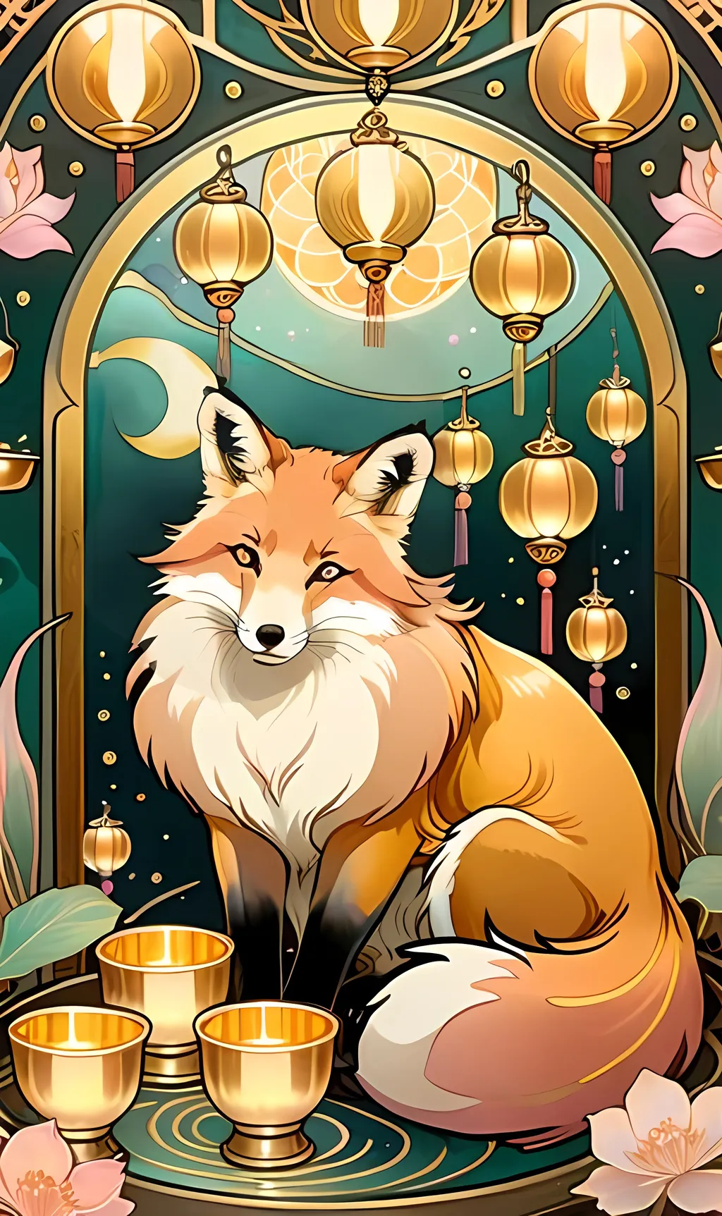 Prompt: chinese fox surrounded by floating gold cups, dreamy, Studio Ghibli style, dreaming cat tarot, pastel colors, 8k, ultra-detailed, dreamy, Studio Ghibli, fox, gold cups, pastel colors, ethereal lighting, magical atmosphere, hd, traditional ink masterpiece