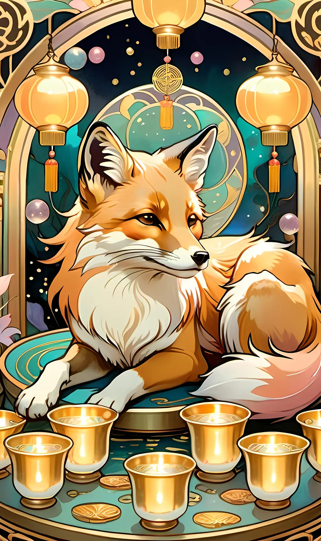 Prompt: chinese fox surrounded by floating gold cups, dreamy, Studio Ghibli style, dreaming cat tarot, pastel colors, 8k, ultra-detailed, dreamy, Studio Ghibli, fox, gold cups, pastel colors, ethereal lighting, magical atmosphere, hd, traditional ink masterpiece