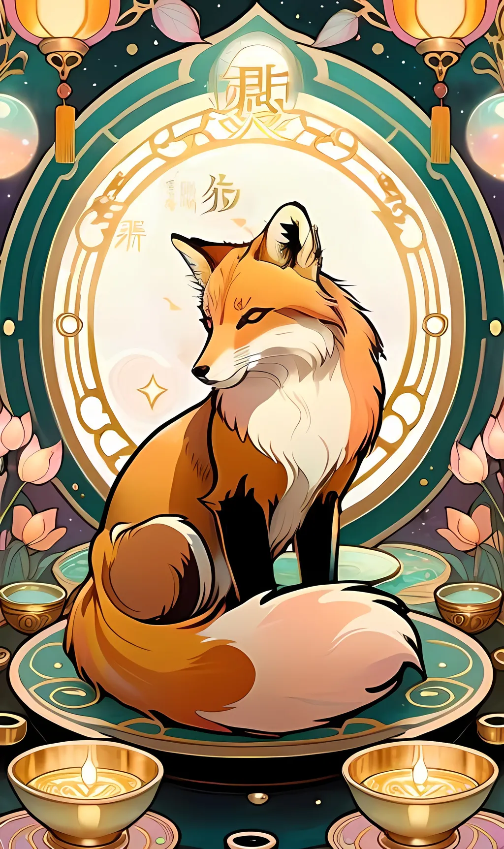 Prompt: chinese fox surrounded by floating gold cups, dreamy, Studio Ghibli style, dreaming cat tarot, pastel colors, 8k, ultra-detailed, dreamy, Studio Ghibli, fox, gold cups, pastel colors, ethereal lighting, magical atmosphere, hd, traditional ink masterpiece