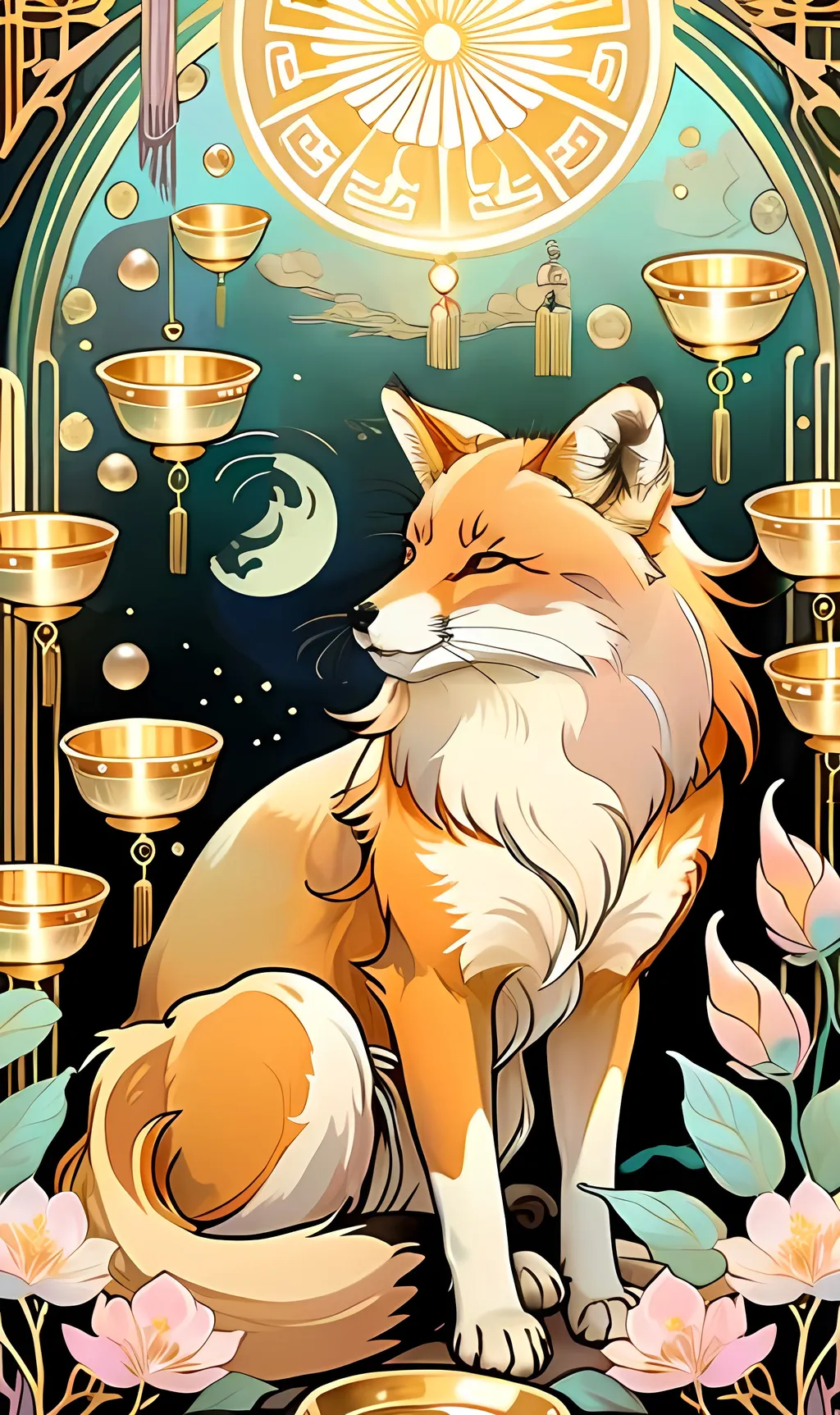 Prompt: chinese fox surrounded by floating gold cups, dreamy, Studio Ghibli style, dreaming cat tarot, pastel colors, 8k, ultra-detailed, dreamy, Studio Ghibli, fox, gold cups, pastel colors, ethereal lighting, magical atmosphere, hd, traditional ink masterpiece