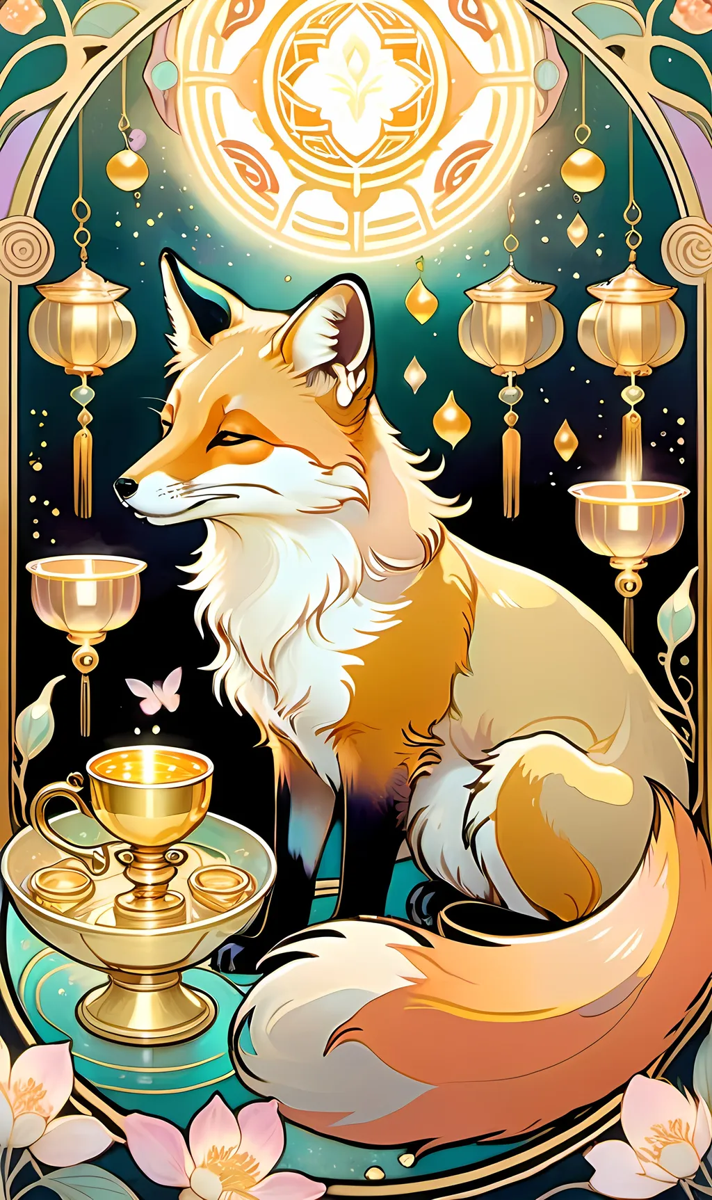 Prompt: chinese fox surrounded by floating gold cups, dreamy, Studio Ghibli style, dreaming cat tarot, pastel colors, 8k, ultra-detailed, dreamy, Studio Ghibli, fox, gold cups, pastel colors, ethereal lighting, magical atmosphere, hd, traditional ink masterpiece