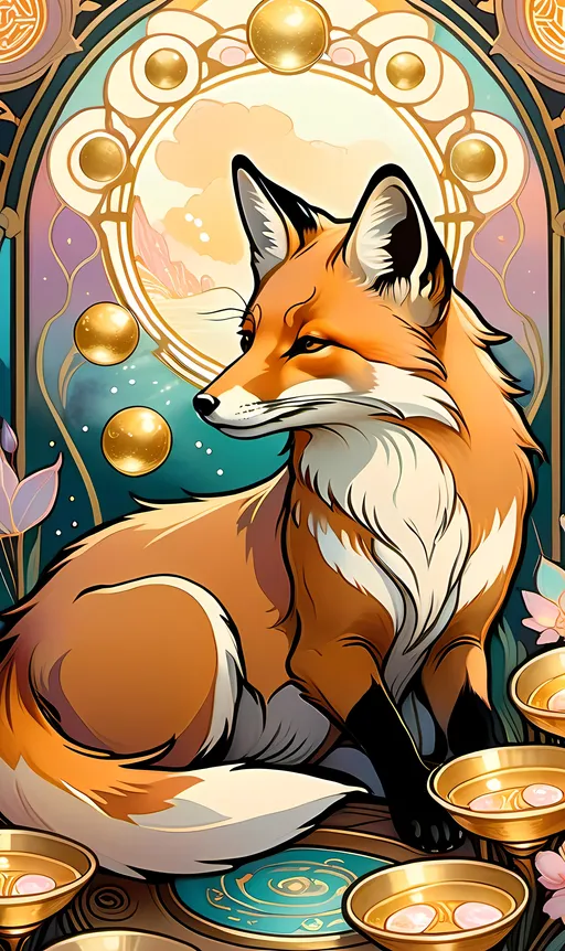 Prompt: chinese fox surrounded by floating gold cups, dreamy, Studio Ghibli style, dreaming cat tarot, pastel colors, 8k, ultra-detailed, dreamy, Studio Ghibli, fox, gold cups, pastel colors, ethereal lighting, magical atmosphere, hd, traditional ink masterpiece