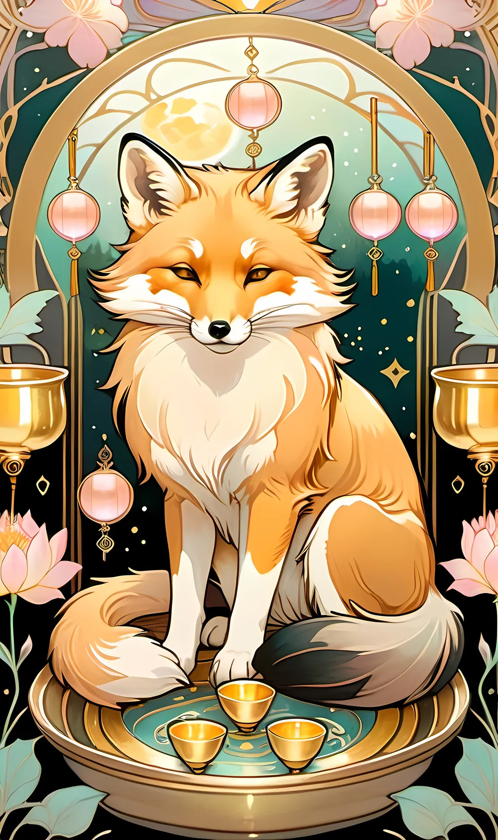 Prompt: chinese fox surrounded by floating gold cups, dreamy, Studio Ghibli style, dreaming cat tarot, pastel colors, 8k, ultra-detailed, dreamy, Studio Ghibli, fox, gold cups, pastel colors, ethereal lighting, magical atmosphere, hd, traditional ink masterpiece