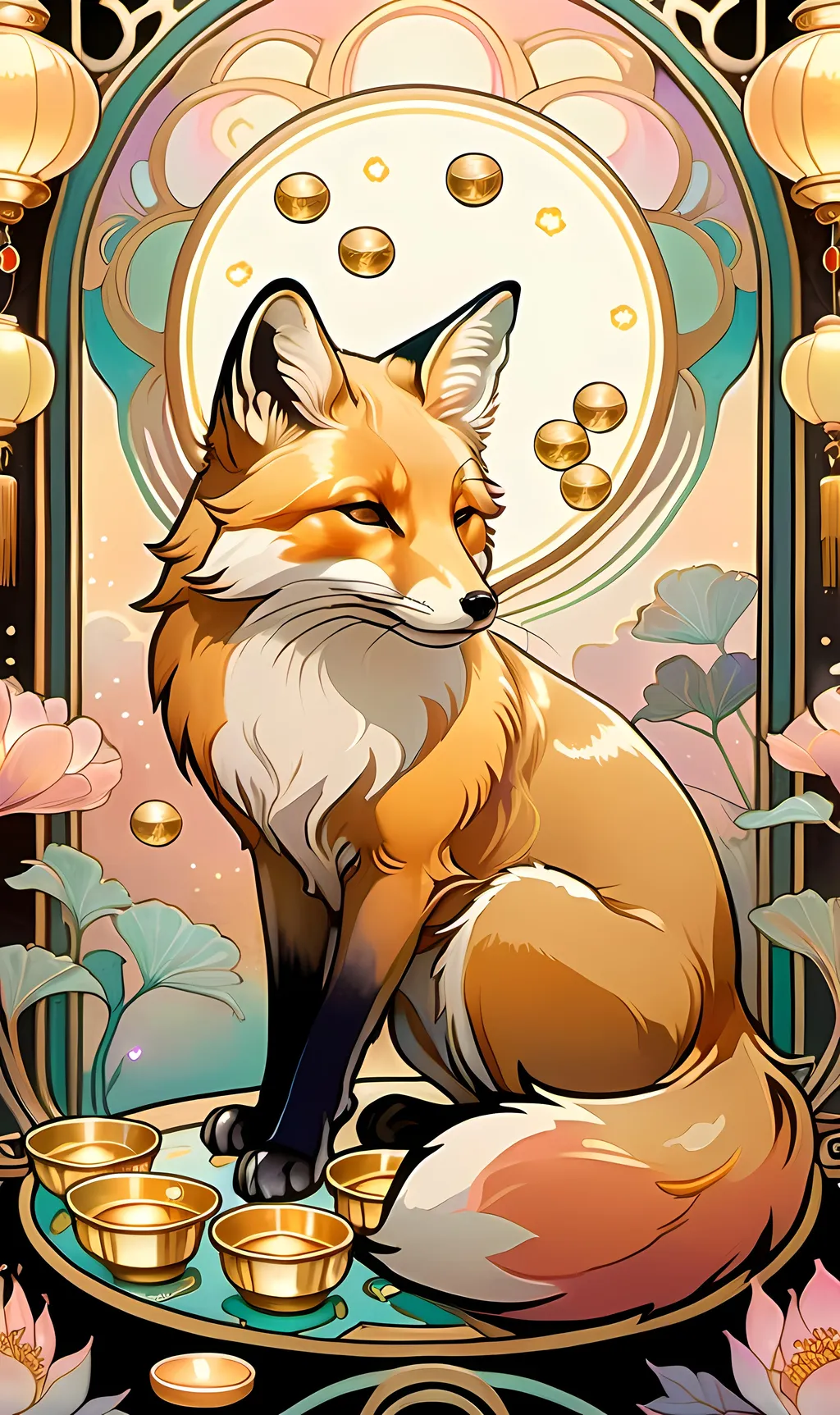 Prompt: chinese fox surrounded by floating gold cups, dreamy, Studio Ghibli style, dreaming cat tarot, pastel colors, 8k, ultra-detailed, dreamy, Studio Ghibli, fox, gold cups, pastel colors, ethereal lighting, magical atmosphere, hd, traditional ink masterpiece