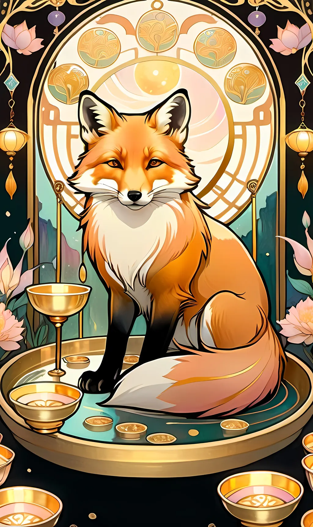 Prompt: chinese fox surrounded by floating gold cups, dreamy, Studio Ghibli style, dreaming cat tarot, pastel colors, 8k, ultra-detailed, dreamy, Studio Ghibli, fox, gold cups, pastel colors, ethereal lighting, magical atmosphere, hd, traditional ink masterpiece