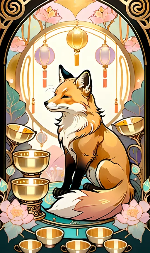 Prompt: chinese fox surrounded by floating gold cups, dreamy, Studio Ghibli style, dreaming cat tarot, pastel colors, 8k, ultra-detailed, dreamy, Studio Ghibli, fox, gold cups, pastel colors, ethereal lighting, magical atmosphere, hd, traditional ink masterpiece