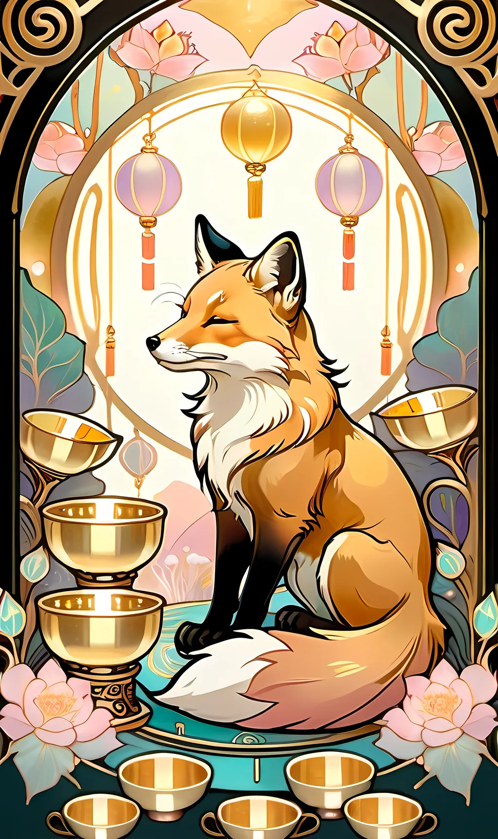 Prompt: chinese fox surrounded by floating gold cups, dreamy, Studio Ghibli style, dreaming cat tarot, pastel colors, 8k, ultra-detailed, dreamy, Studio Ghibli, fox, gold cups, pastel colors, ethereal lighting, magical atmosphere, hd, traditional ink masterpiece