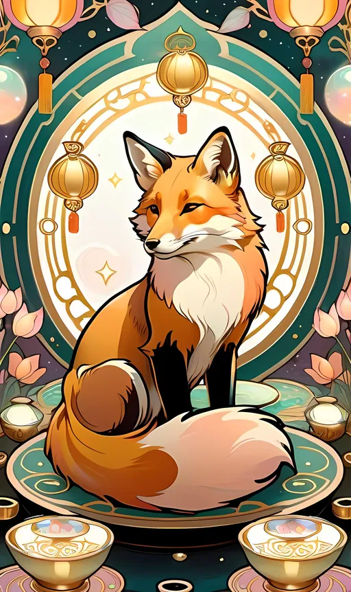 Prompt: chinese fox surrounded by floating gold cups, dreamy, Studio Ghibli style, dreaming cat tarot, pastel colors, 8k, ultra-detailed, dreamy, Studio Ghibli, fox, gold cups, pastel colors, ethereal lighting, magical atmosphere, hd, traditional ink masterpiece