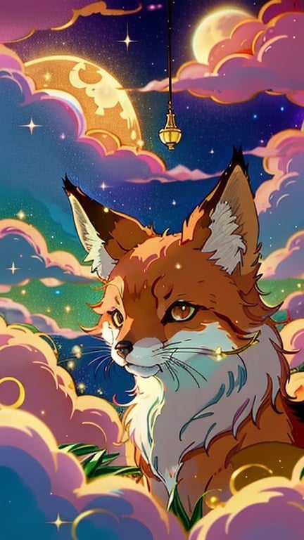 Prompt: Super cute fox surrounded by floating gold cups, dreamy, Studio Ghibli style, dreaming cat tarot, pastel colors, 8k, ultra-detailed, dreamy, Studio Ghibli, fox, Japanese landscape, gold cups, pastel colors, dreamy cat tarot, ethereal lighting, magical atmosphere, hd