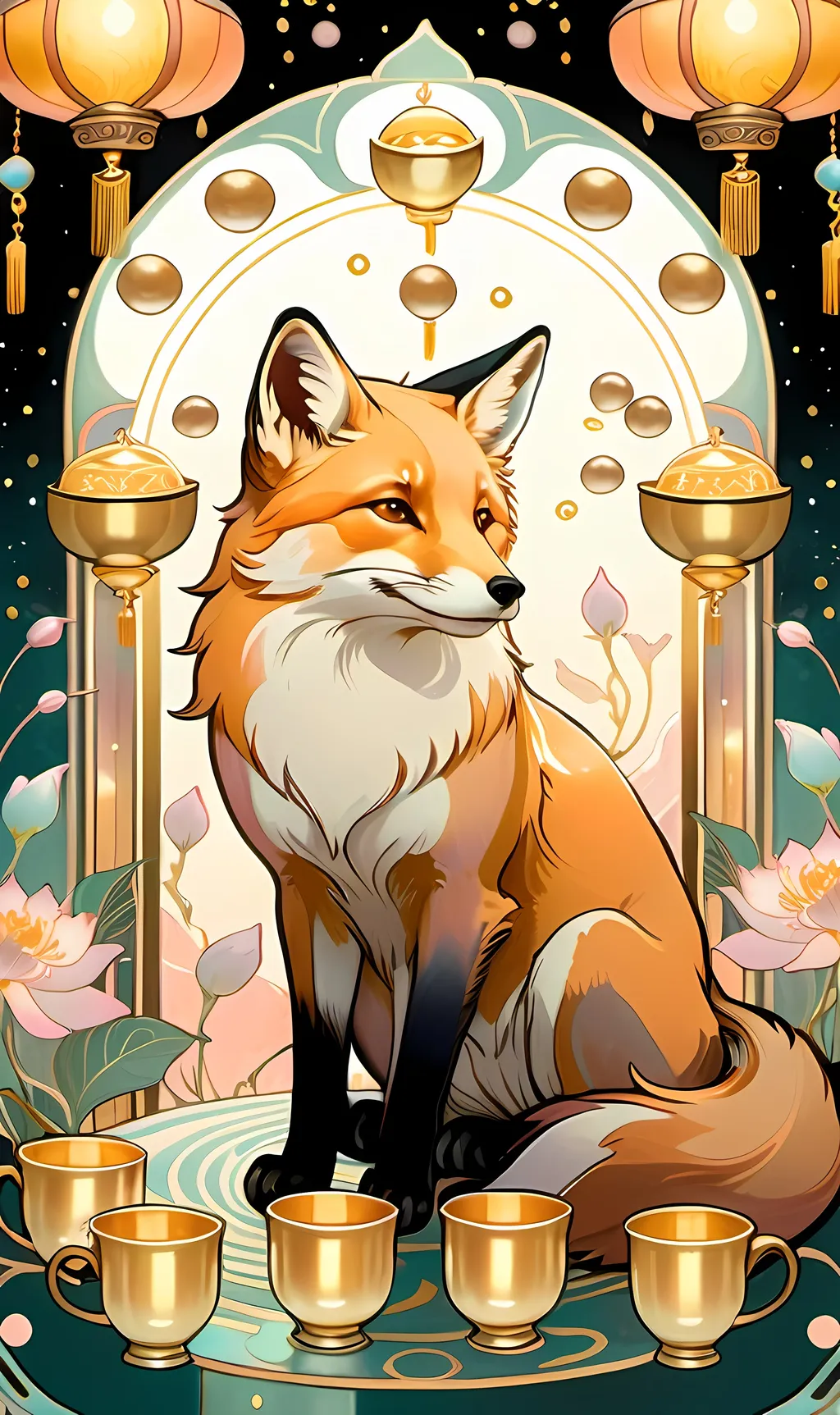 Prompt: chinese fox surrounded by floating gold cups, dreamy, Studio Ghibli style, dreaming cat tarot, pastel colors, 8k, ultra-detailed, dreamy, Studio Ghibli, fox, gold cups, pastel colors, ethereal lighting, magical atmosphere, hd, traditional ink masterpiece