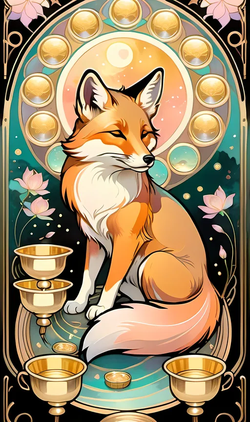 Prompt: chinese fox surrounded by floating gold cups, dreamy, Studio Ghibli style, dreaming cat tarot, pastel colors, 8k, ultra-detailed, dreamy, Studio Ghibli, fox, gold cups, pastel colors, ethereal lighting, magical atmosphere, hd, traditional ink masterpiece