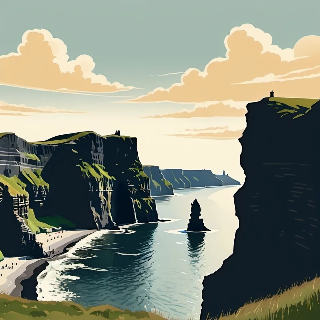 Prompt: draw a sunny illustration of the cliffs of moher in a vintage style.