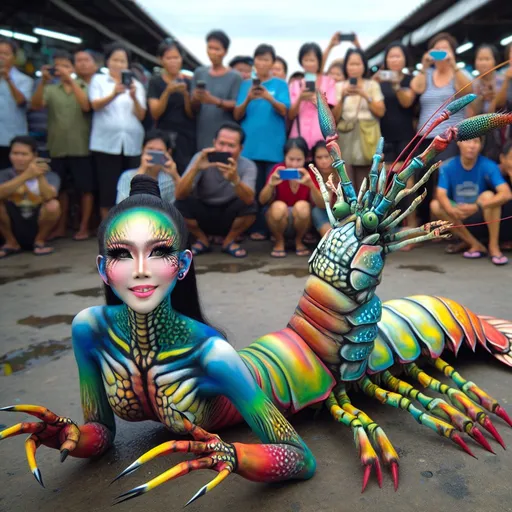 Prompt: Full-body close up photo of young Thai transwoman transforming into a Peacock Mantis Shrimp-human hybrid with more human-like facial features and body lying upside-down on the floor in a wet market. She lies on her back to the ground, her chest facing upwards, her lower body merging into a shrimp tail. Her entire body is covered in realistic, slimy, and vibrant Peacock Mantis Shrimp body paint, with colorful stripes and patterns. Her hands are turning into claws, and her face is shifting into a shrimp-like visage, complete with Peacock Mantis Shrimp-like face paint. Her mouth is agape, and her body is twitching and convulsing as she undergoes this full-body transformation. Onlookers are shocked and amazed, taking photos and videos with their phones.