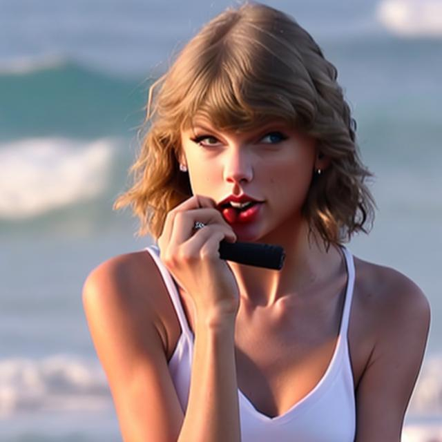 Prompt: Crie uma imagem da Taylor Swift beijando uma mulher  na boca em uma praia