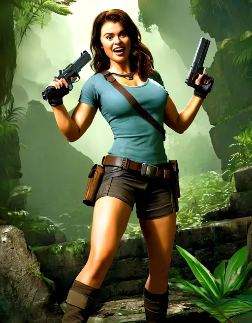 Prompt: (tomb raider), dynamic action pose, intense expression, rugged adventure attire, wielding dual pistols, surrounded by ancient ruins, lush jungle backdrop, dramatic lighting, vibrant greens and earthy browns, suspenseful atmosphere, highly detailed character design, (cinematic quality), ultra-detailed, adventurous mood.